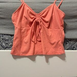 Derek heart ribbed coral shirt with adjustable bow and cinch in front